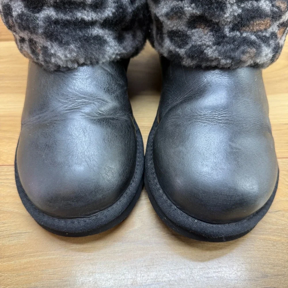 UGG Ellee Leopard Cheetah Print Fur Boots Youth Girls 6 Black Leather Cozy